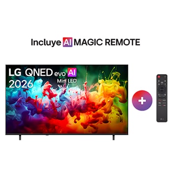 The front view of the LG QNED AI QNED74 Mini LED, released in 2026, displays vivid, fluid splashes of multicolored motion, featuring Dynamic QNED Color, Mini LED, an α7 AI Processor 4K Gen9, webOS, and an 85-inch display.